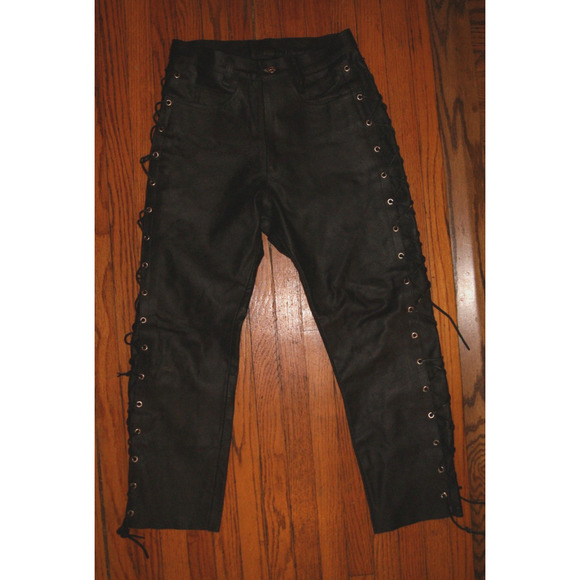 Echtes Leder Pants Black Leather Side Laces Mens 32 Biker Motorcycle - Picture 1 of 9